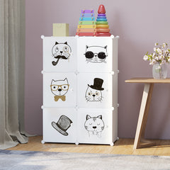Dulap modular pentru copii 6 rafturi , AT PERFORMANCE® , Alb cu pisicute 🐱🎀👓🎩