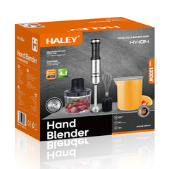 Blender de Mână Electric HALEY 4-in-1, 1200W, Oțel Inoxidabil, 2 Viteze + Accesorii – Tocător, Tel, Pahar, Multifuncțional pentru Bucătărie
