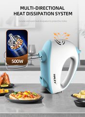 Mixer de Mână Haley 500W, 7 Trepte Viteză, Alb/Albastru, Silențios, Accesorii Incluse