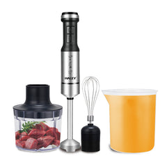 Blender de Mână Electric HALEY 4-in-1, 1200W, Oțel Inoxidabil, 2 Viteze + Accesorii – Tocător, Tel, Pahar, Multifuncțional pentru Bucătărie