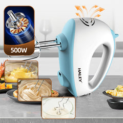 Mixer de Mână Haley 500W, 7 Trepte Viteză, Alb/Albastru, Silențios, Accesorii Incluse