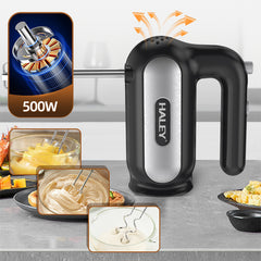 Mixer de Mână Electric HALEY HY-1676, 500W, 5 Viteze + Turbo, Cu Teluri și Cârlige din Inox, Ușor și Puternic pentru Creme, Aluat și Deserturi