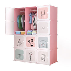 Dulap modular pentru copii, Roz, AT PERFORMANCE®, 12 rafturi Design Colorat cu Desene Jucăușe 🦄🦌🦈🦓