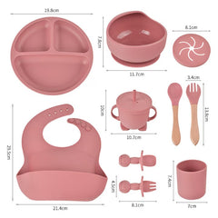 Set 10 piese hranire bebe, diversificare, silicon, baveta, farfurie, bol cu ventuza, lingurita si furculita, cana gustari, lingurita de lemn, si furculita de lemn, fara alergeni, ceasca dreapta, Roz.