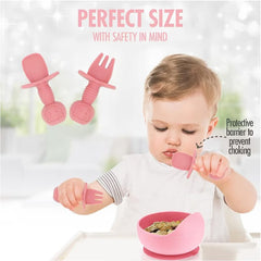 Set 10 piese hranire bebe, diversificare, silicon, baveta, farfurie, bol cu ventuza, lingurita si furculita, cana gustari, lingurita de lemn, si furculita de lemn, fara alergeni, ceasca dreapta, Roz.