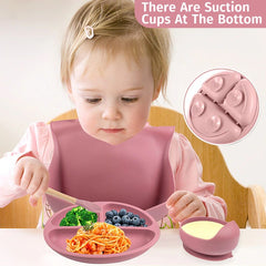 Set 10 piese hranire bebe, diversificare, silicon, baveta, farfurie, bol cu ventuza, lingurita si furculita, cana gustari, lingurita de lemn, si furculita de lemn, fara alergeni, ceasca dreapta, Roz.