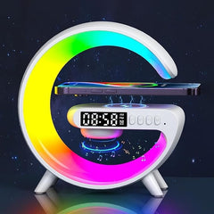 Lampa led RGB de masa 3in1, At Performance, cu Statie incarcare wireless, Muzica Bluetooth, FM, USB, 1500mh, Alb