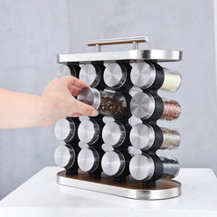 Set 16 recipiente condimente din sticla, cu suport din MDF, 29 x 28 x 12 cm.