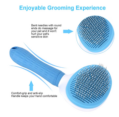 Perie cu buton auto-curatare pentru animale, AT PERFORMANCE, utila in curatarea si ingrijirea parului, 20x10x6 cm, pisici, caini, iepuri, albastra