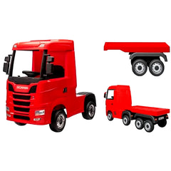 Camion electric cu remorcă pentru copii oficial licentiat, KIDOO, 12V, 2 motoare 35W, telecomandă 2.4G, suspensie pe 4 roți, lumini, muzică, viteză 3-5 km/h, uși funcționale