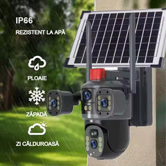 Cameră Supraveghere Solară cu 4 Camere AT PERFORMANCE® – 4K UltraHD, 4G SIM, Detecție Mișcare, Viziune Nocturnă 360° Această cameră de supraveghe + Cadou Card SD 32GB