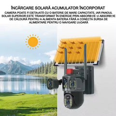 Cameră Supraveghere Solară cu 4 Camere AT PERFORMANCE® – 4K UltraHD, 4G SIM, Detecție Mișcare, Viziune Nocturnă 360° Această cameră de supraveghe + Cadou Card SD 32GB