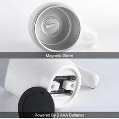 Cana Magnetica AT PERFORMANCE®, Inteligenta cu Amestecare Rotativa Automata, Electrica, Tip termos, Cu capac, Interior din otel inoxidabil, Capacitate 380 ml, Incarcare USB, Alba.