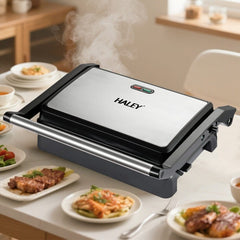Grill Maker HALEY 2000W, Full Inox, Argintiu/Negru, Tuburi de Încălzire Curvate, Tavă de Gătit Integrată