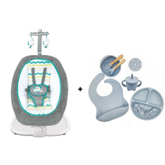 Pachet Bebe 2 în 1: Balansoar cu Vibrații Mastela + Set Diversificare 10 Piese Silicon | Relaxare și Hrănire Sigură