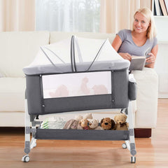 Pat portabil pentru bebeluși AT PERFORMANCE® 3 în 1 cu saltea confortabilă, înălțime reglabilă, roți și pliere ușoară – ideal pentru nou-născuți, gri