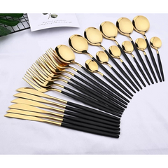 Set de tacamuri moderne 24 de piese, negru si auriu lucios, 13-21 cm