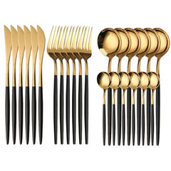 Set de tacamuri moderne AT PERFORMANCE®, 24 de piese, negru si auriu lucios, 13-21 cm.