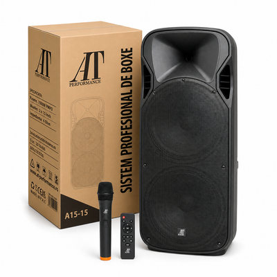 Boxă portabilă profesională AT Performance A15-15, 800W, Karaoke, Bluetooth, Microfon wireless, Baterie reîncărcabilă