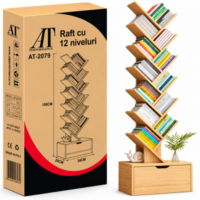 Bibliotecă Tip Arbore cu 12 Niveluri și Sertar Inferior, Raft pentru Cărți Modern Alb, Economisire Spațiu pentru Living, Dormitor și Birou