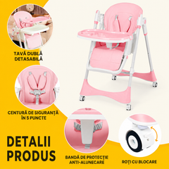 Scaun de Masă pentru Bebe AT PERFORMANCE, Pliabil, Reglabil pe Înălțime 5 Poziții, Tavă Detașabilă, 4 Roți, Suport Picioare, Max. 15 kg