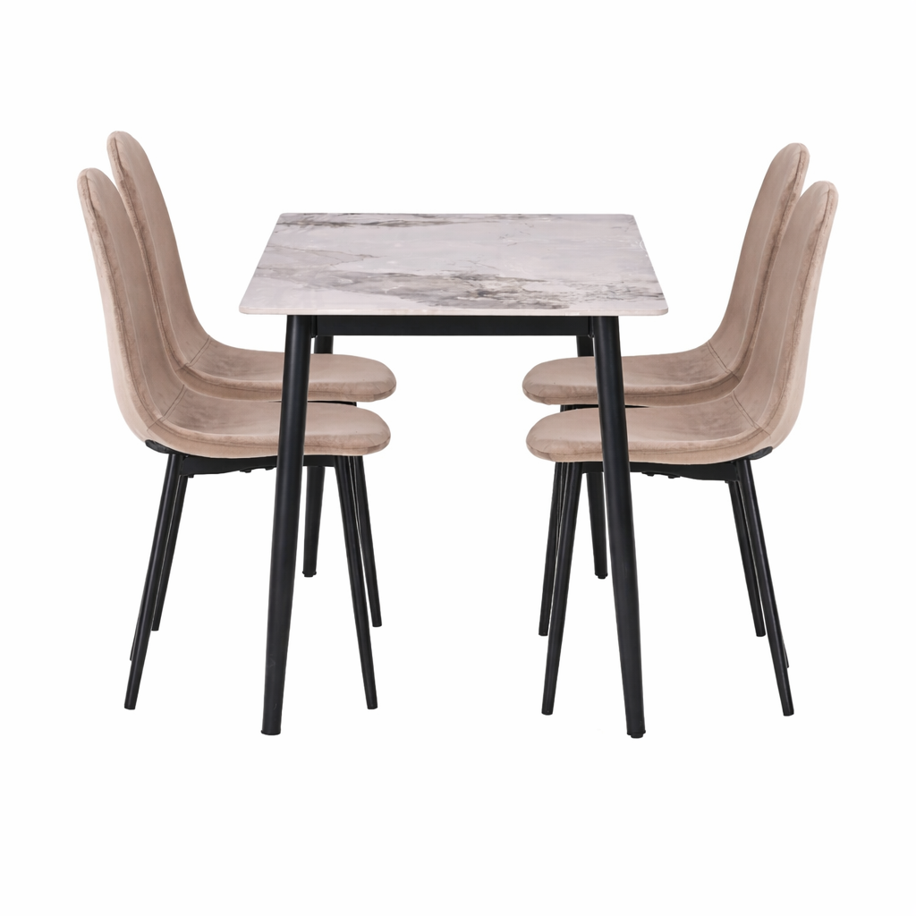 Set masă Bucatarie / Sufragerie cu 4 scaune, blat sintered stone gri și catifea, 120x70 cm