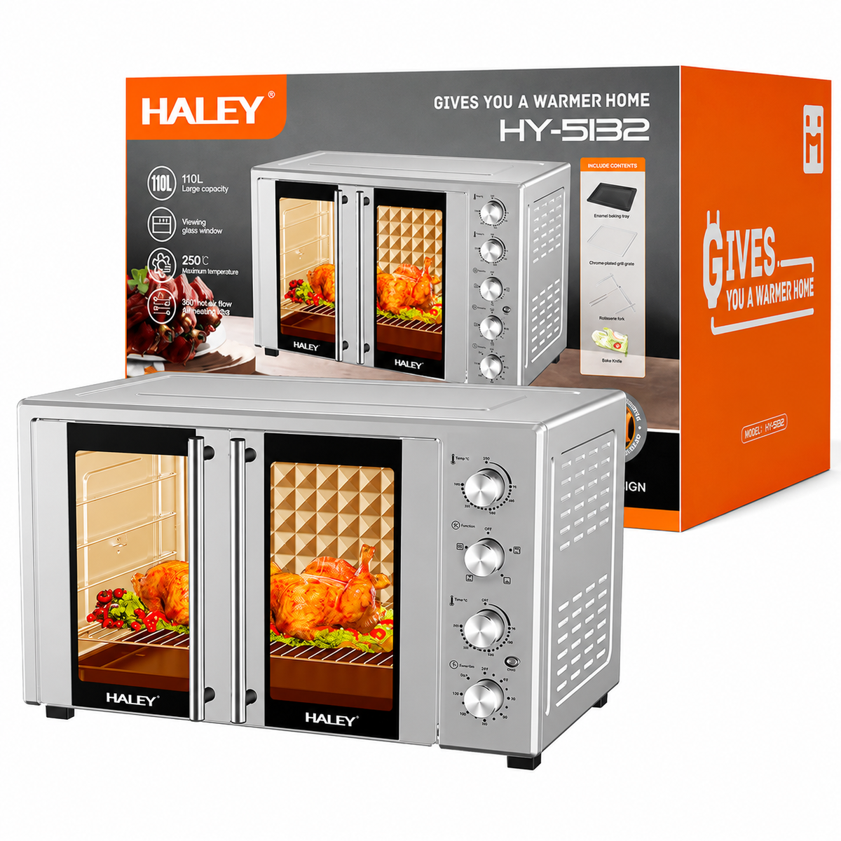 Cuptor electric HALEY HY-5132, 110L, 3600W, temperatură reglabilă până la 250°C, rotisor, timer 120 minute, tavă și grătar incluse