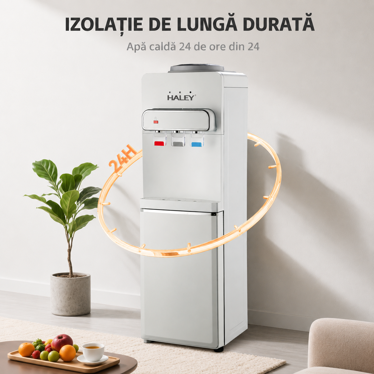 Dozator de Apă HALEY HY-2306, Apă Caldă, Rece și la Temperatura Camerei, Răcire cu Compresor, 650W, 3 Robinete, Blocare Copii, Dulap Depozitare