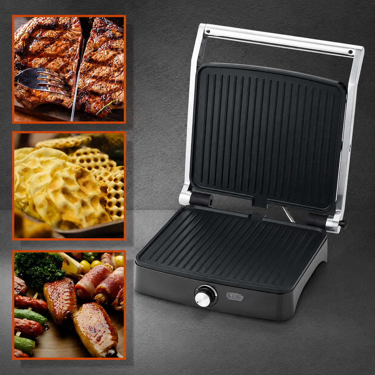 Grill electric HALEY HY-8605, 2000W, deschidere 180°, temperatură reglabilă, plăci antiaderente, tavă pentru grăsime, sistem cu balama flotantă