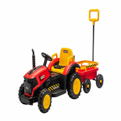 Tractor Electric KIDOO pentru Copii cu Telecomandă 2.4G, Remorcă Detașabilă, 12V 4.5Ah, 2 Motoare 380, Lumini LED, Muzică, Centură de Siguranță, Roșu/Galben