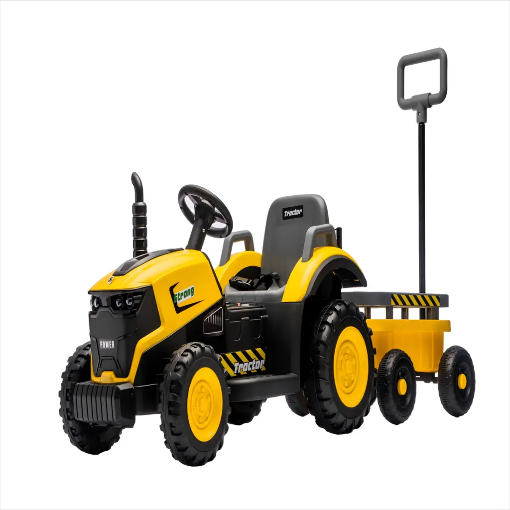 Tractor Electric KIDOO pentru Copii cu Telecomandă 2.4G, Remorcă Detașabilă, 12V 4.5Ah, 2 Motoare 380, Lumini LED, Muzică, Centură de Siguranță, Galben/Gri
