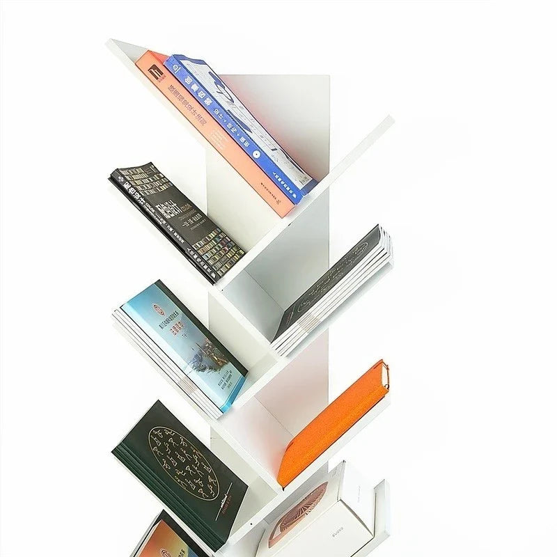 Bibliotecă Tip Arbore cu 12 Niveluri și Sertar Inferior, Raft pentru Cărți Modern Alb, Economisire Spațiu pentru Living, Dormitor și Birou
