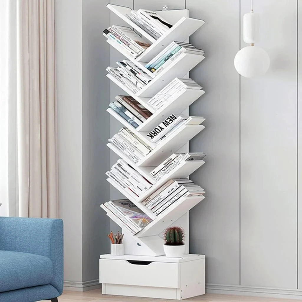 Bibliotecă Tip Arbore cu 12 Niveluri și Sertar Inferior, Raft pentru Cărți Modern Alb, Economisire Spațiu pentru Living, Dormitor și Birou