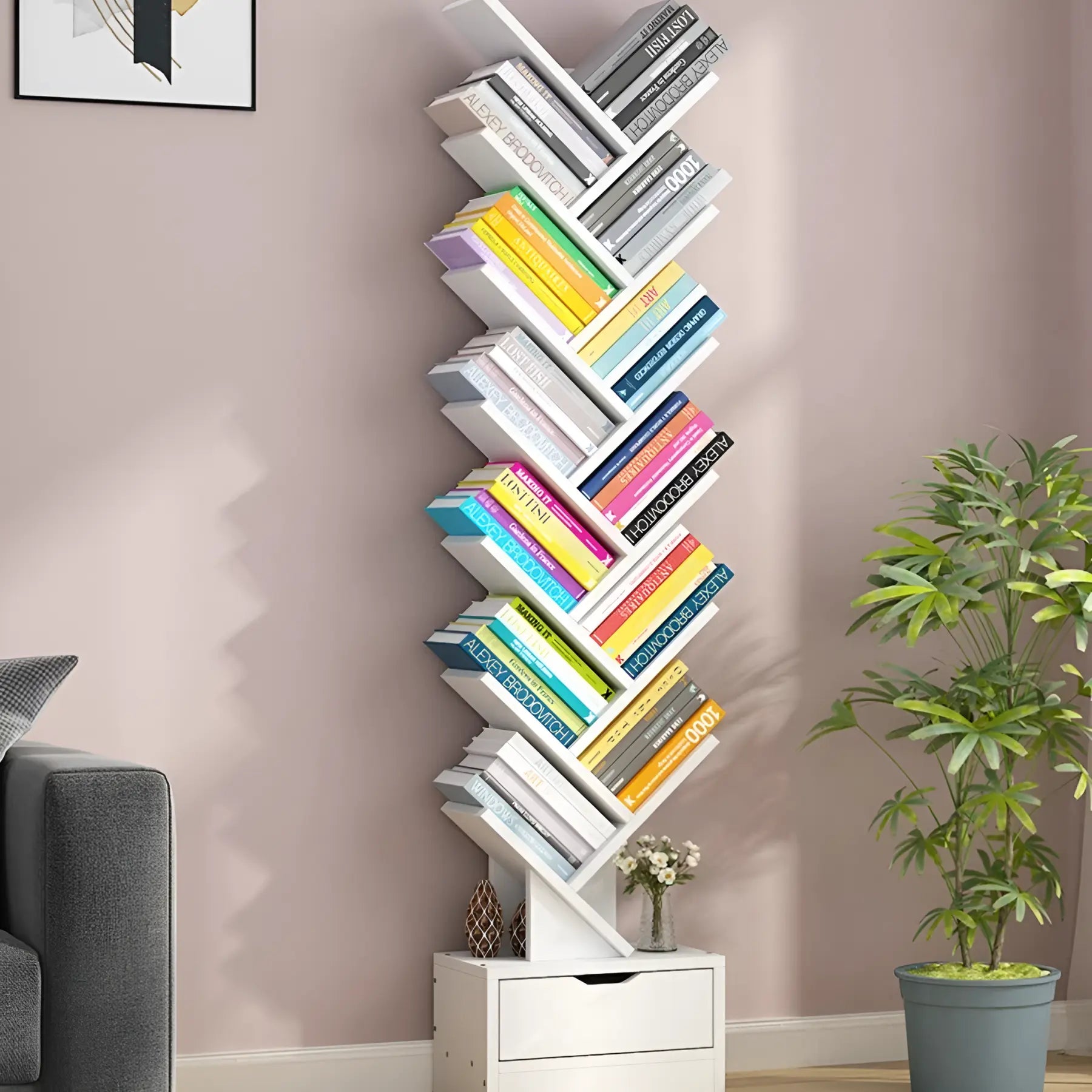 Bibliotecă Tip Arbore cu 12 Niveluri și Sertar Inferior, Raft pentru Cărți Modern Alb, Economisire Spațiu pentru Living, Dormitor și Birou