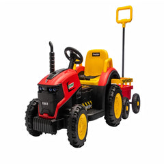 Tractor Electric KIDOO pentru Copii cu Telecomandă 2.4G, Remorcă Detașabilă, 12V 4.5Ah, 2 Motoare 380, Lumini LED, Muzică, Centură de Siguranță, Roșu/Galben