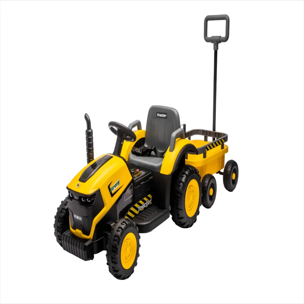 Tractor Electric KIDOO pentru Copii cu Telecomandă 2.4G, Remorcă Detașabilă, 12V 4.5Ah, 2 Motoare 380, Lumini LED, Muzică, Centură de Siguranță, Galben/Gri