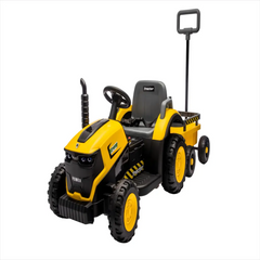 Tractor Electric KIDOO pentru Copii cu Telecomandă 2.4G, Remorcă Detașabilă, 12V 4.5Ah, 2 Motoare 380, Lumini LED, Muzică, Centură de Siguranță, Galben/Gri