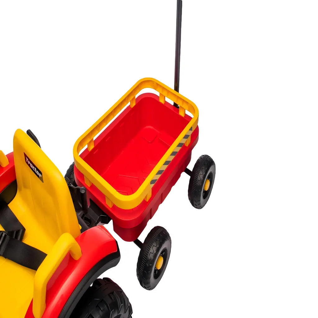 Tractor Electric KIDOO pentru Copii cu Telecomandă 2.4G, Remorcă Detașabilă, 12V 4.5Ah, 2 Motoare 380, Lumini LED, Muzică, Centură de Siguranță, Roșu/Galben