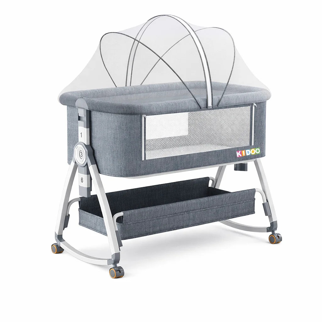 Pat portabil pentru bebeluși AT PERFORMANCE® 3 în 1 cu saltea confortabilă, înălțime reglabilă, roți și pliere ușoară – ideal pentru nou-născuți, gri