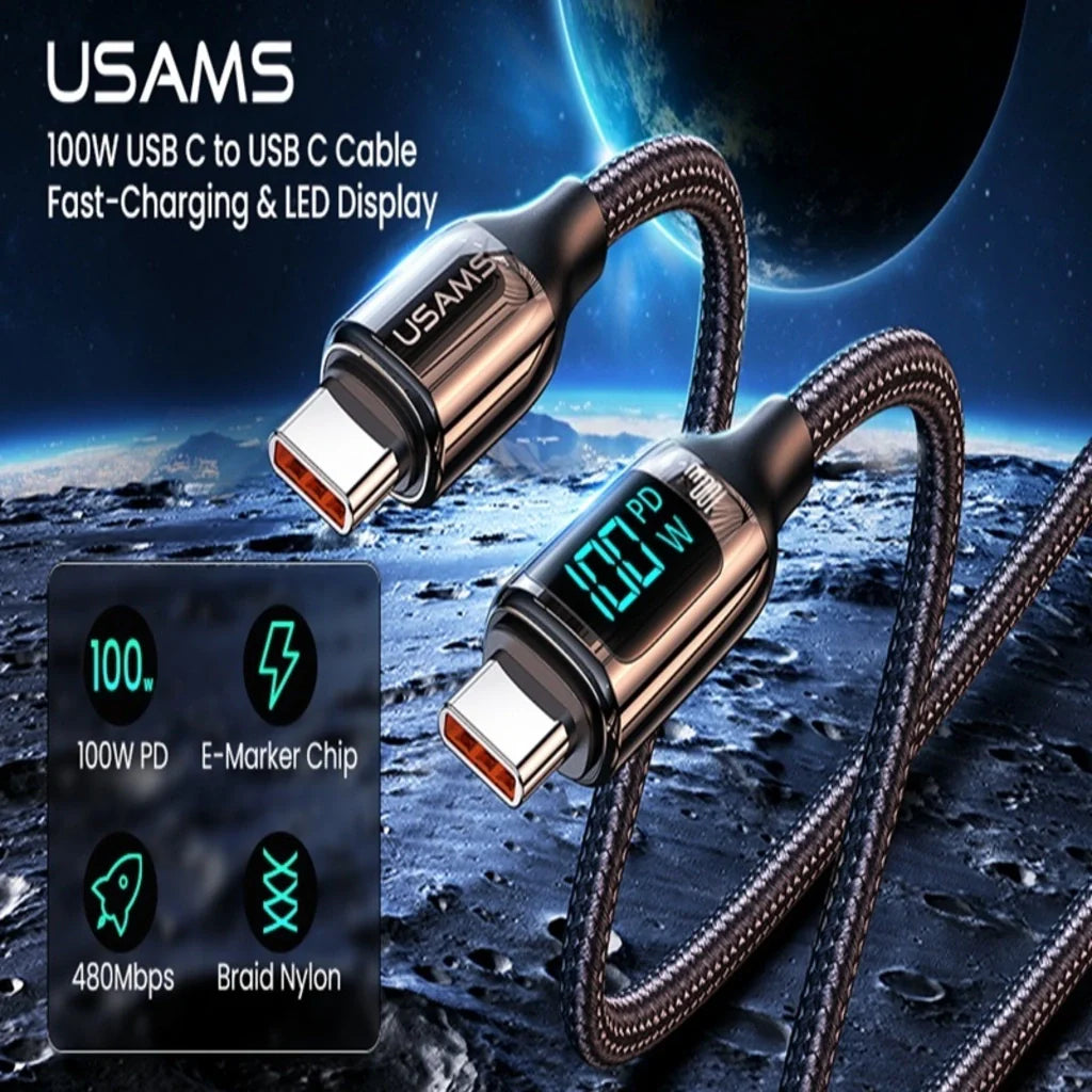 Cablu de Date &amp; Încărcare Rapidă USAMS Shadow Series, USB-C la USB-C, 100W PD, Display Digital LED, Nylon Împletit, 1.2m