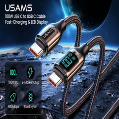 Cablu de Date &amp; Încărcare Rapidă USAMS Shadow Series, USB-C la USB-C, 100W PD, Display Digital LED, Nylon Împletit, 1.2m