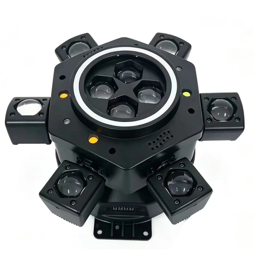 Moving Head LED Bee-Eye cu 6 Beam-uri Mobile, Laser Roșu și Verde, Stroboscop Dublu și Bandă LED RGB – Control DMX512 26 Canale, Master/Slave, Auto-Run și Sound Active pentru Club, DJ, Nunți și Evenimente