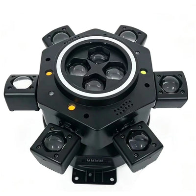 Moving Head LED Bee-Eye cu 6 Beam-uri Mobile, Laser Roșu și Verde, Stroboscop Dublu și Bandă LED RGB – Control DMX512 26 Canale, Master/Slave, Auto-Run și Sound Active pentru Club, DJ, Nunți și Evenimente