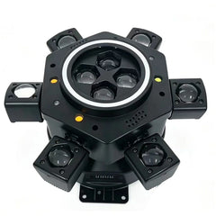 Moving Head LED Bee-Eye cu 6 Beam-uri Mobile, Laser Roșu și Verde, Stroboscop Dublu și Bandă LED RGB – Control DMX512 26 Canale, Master/Slave, Auto-Run și Sound Active pentru Club, DJ, Nunți și Evenimente