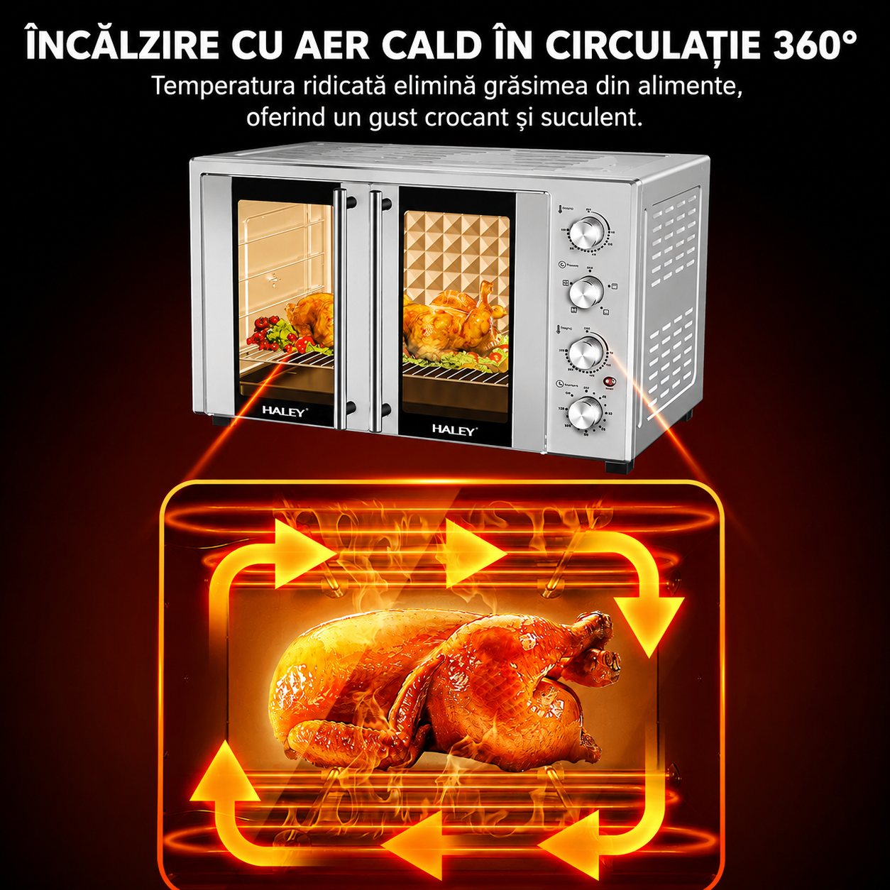 Cuptor electric HALEY HY-5132, 110L, 3600W, temperatură reglabilă până la 250°C, rotisor, timer 120 minute, tavă și grătar incluse