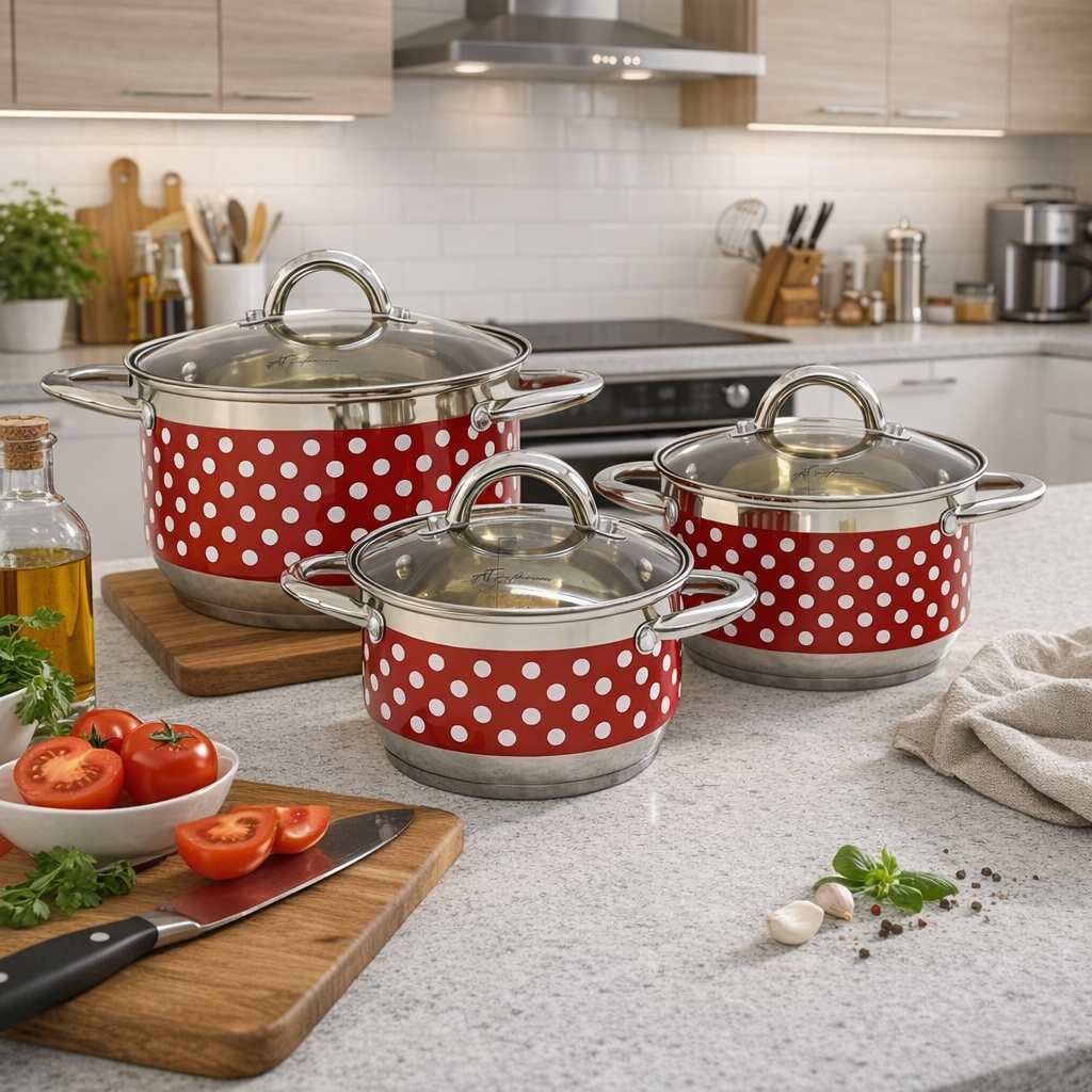 Set Oale din inox 3 Piese cu Capace din Sticlă – Design cu Buline, Compatibile cu Toate Sursele de Căldură