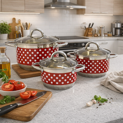 Set Oale din inox 3 Piese cu Capace din Sticlă – Design cu Buline, Compatibile cu Toate Sursele de Căldură