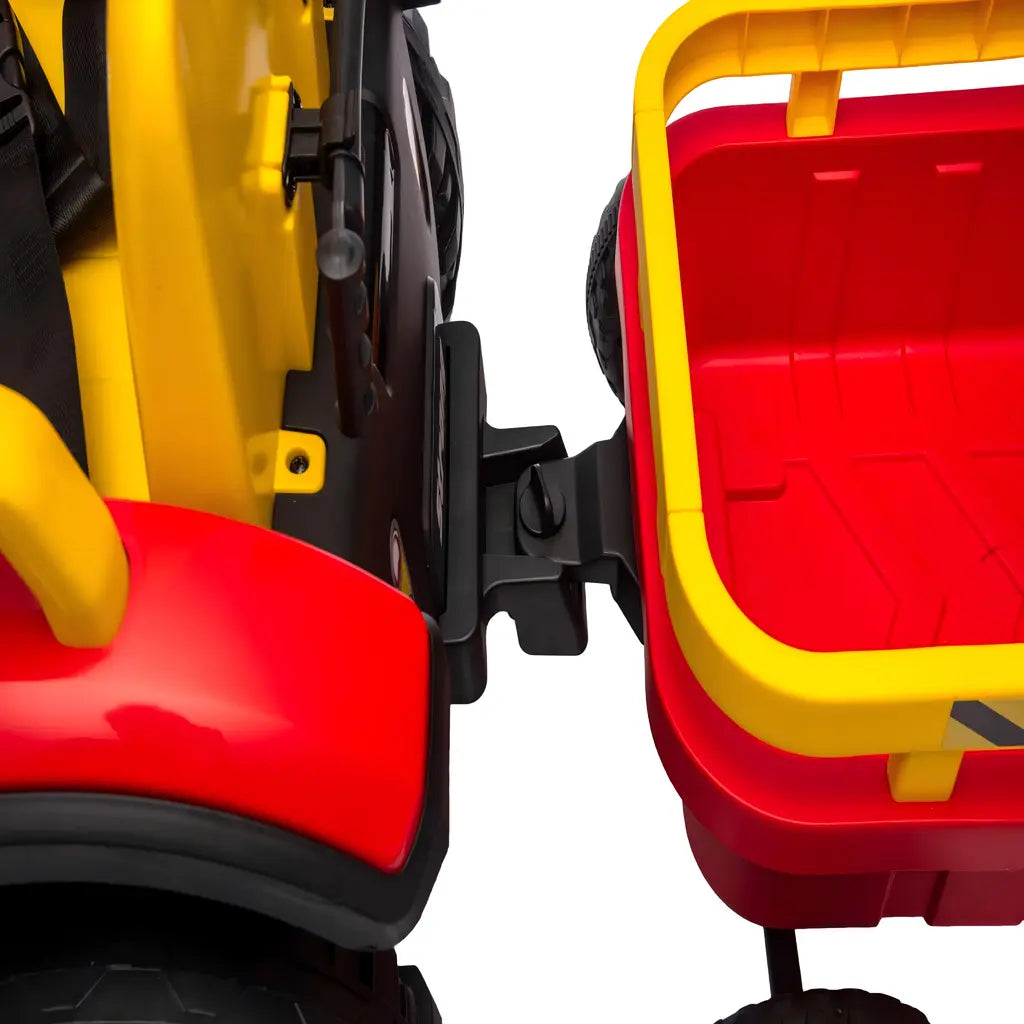Tractor Electric KIDOO pentru Copii cu Telecomandă 2.4G, Remorcă Detașabilă, 12V 4.5Ah, 2 Motoare 380, Lumini LED, Muzică, Centură de Siguranță, Roșu/Galben
