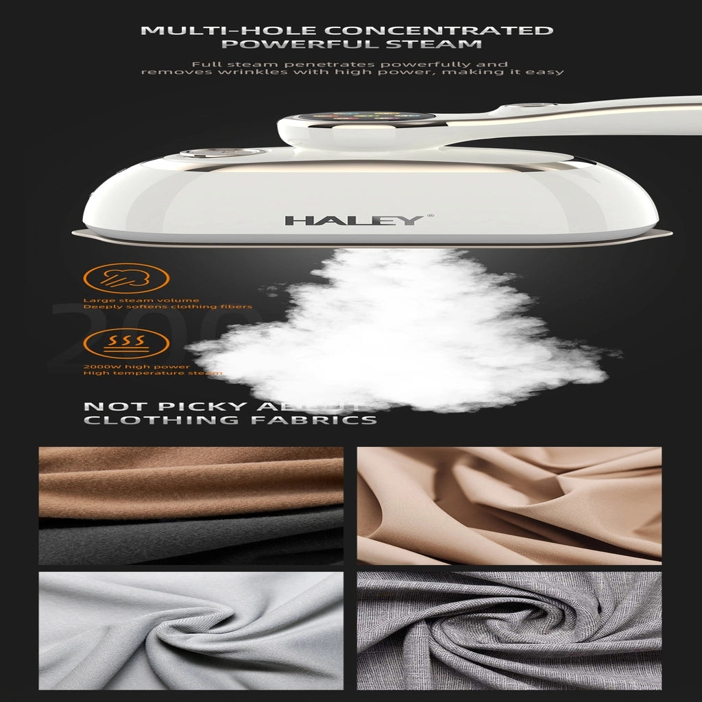 Steamer HALEY HY-2004, 2000W, Rezervor 150 ml, Talpă Inox, Încălzire Rapidă, Abur Continuu, Portabil, Ideal pentru voiaj, Alb