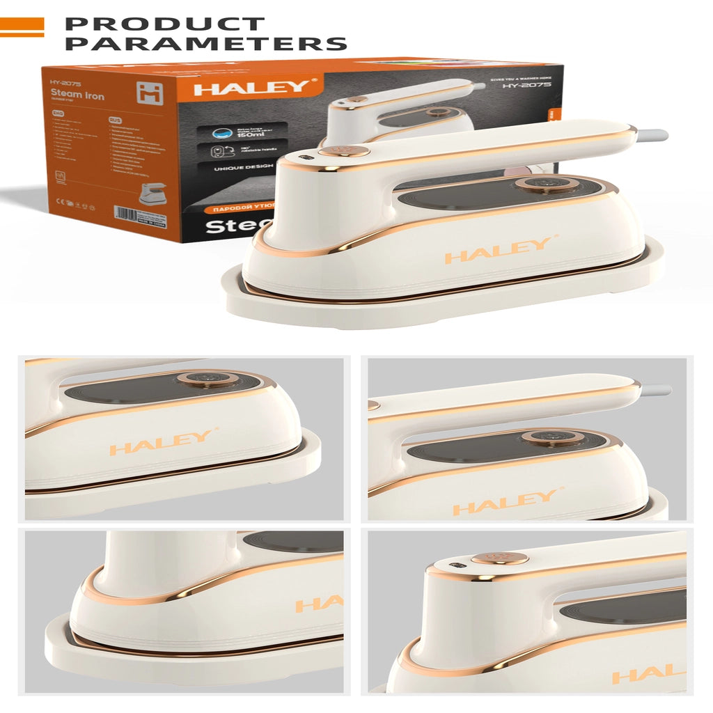 Fier de Călcat Vertical cu Aburi HALEY HY-2075, 1300W, Rezervor 150 ml, Talpă Ceramică Antiaderentă, Abur Puternic, Încălzire Rapidă, Alb/Auriu